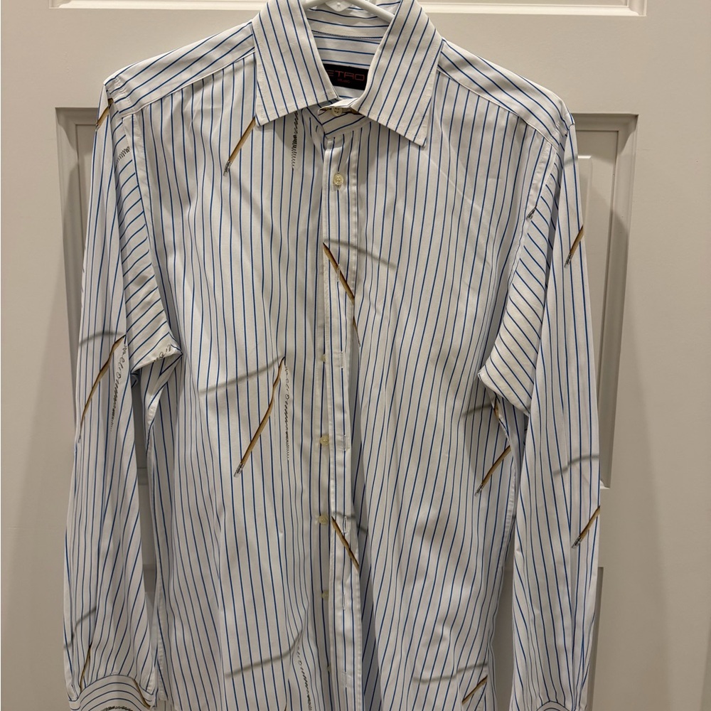 Etro White Dress Shirt with Blue Pinstripes and Brown Accents